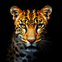 Obraz premium Majestic Leopard Close-Up Portrait on Black Background – Powerful Gaze of Wild Big Cat in High Detail