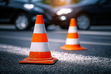 Two warning cones on a city street during daytime