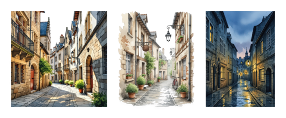 European street watercolor illustration set including sunlit and evening scenes isolated. Historic urban architecture art.