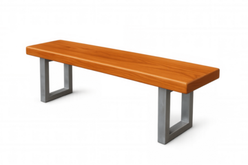 Empty wooden bench with metal legs isolated on transparent background, ideal for architectural visualizations or interior design projects