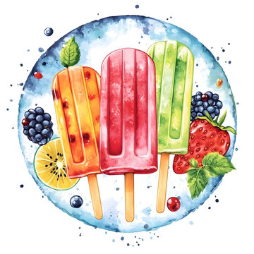Colorful watercolor illustration of three popsicles in vibrant flavors, surrounded by fresh fruits and berries, ideal for t-shirt print design and summer-themed artwork