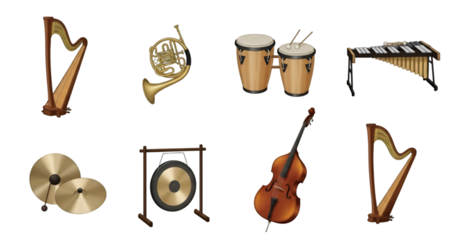 Assortment of Musical Instruments on Black Background