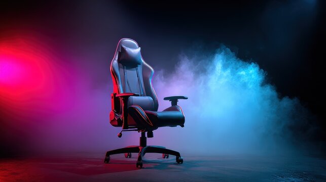 futuristic gaming chair illuminated in a dark room with vibrant neon lights and atmospheric fog perfect for esports and streaming