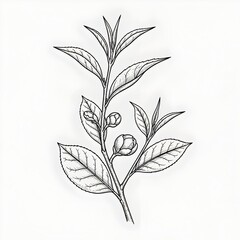 Fototapeta premium Engraving style illustration of tea branch with buds and leaves, detailed botanical drawing for herbal, culinary and natural design.