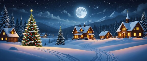 Fototapeta premium Santa Claus village nestled in a snowy landscape among the mountains, breathtaking view under a starry sky on Christmas night