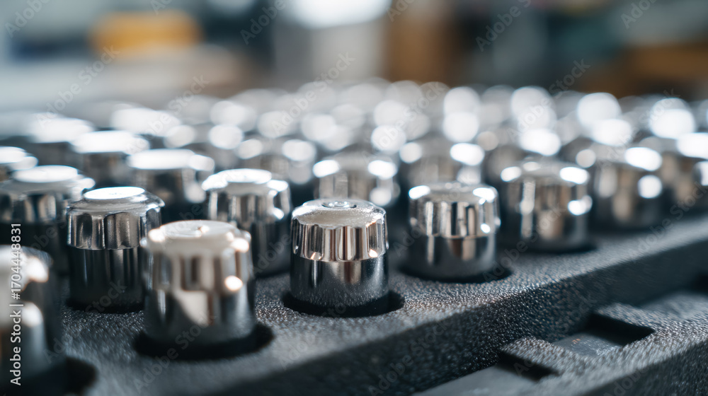 Poster close-up of metallic control knobs arranged on a textured surface with a blurred background