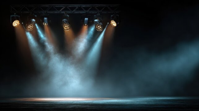 stage with spotlights ready for performance set against a dark background with mist rising creating an atmospheric ambiance and a captivating space ready for a performer or product presentation