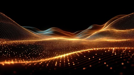 abstract digital landscape with glowing grid and flowing waves