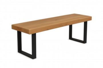 Studio shot of a stylish wooden bench with sleek black metal legs, isolated on a transparent background, perfect for interior design projects