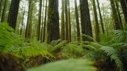 Fototapeta premium A lush forest floor filled with vibrant ferns and towering trees sets a serene and tranquil atmosphere, suitable for nature-themed projects, wellness content, or environmental awareness campaigns,