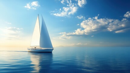 Obraz premium White sailboat sailing on a tranquil sea under a partly cloudy sky.