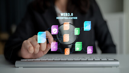 The Web 3.0 decentralization technology ecosystem. A flowchart of interconnected concepts like AI, blockchain, security, and decentralized finance. Motif