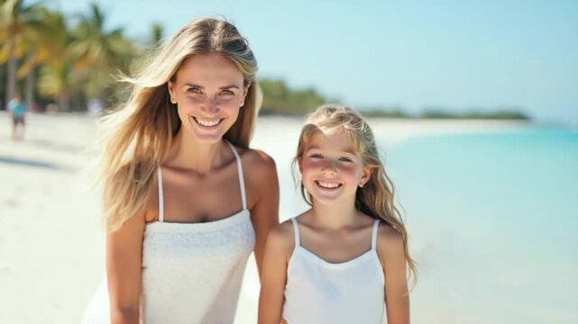 Beautiful mother and daughter on Caribbean beach. Family on beach vacation