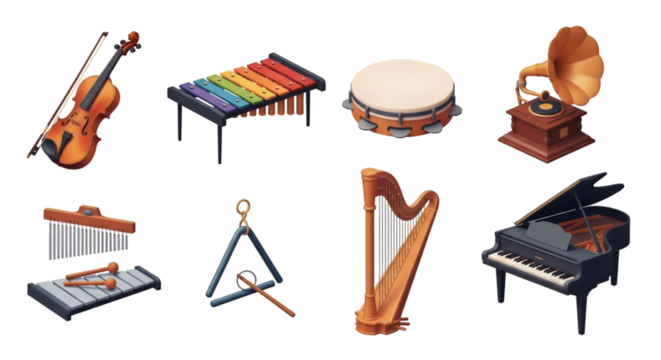 Collection of Musical Instruments on Black Background