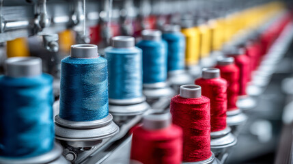 Obraz premium Brightly colored sewing thread spools arranged in a row on an industrial textile manufacturing machine, showcasing vibrant red, blue, and yellow threads in a factory setting