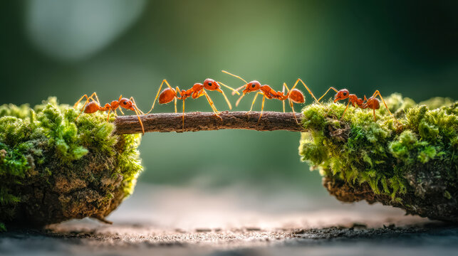 Red ants working together to cross a small branch in a natural setting