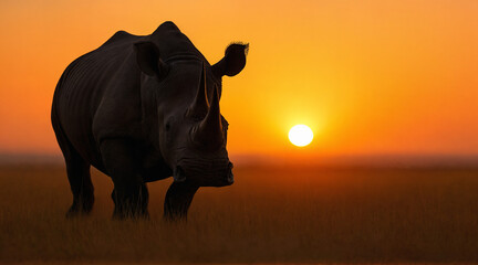 a rhino in the savannah at sunset. generative ai