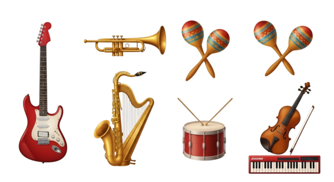 Assortment of Musical Instruments on Black Background