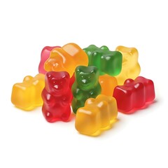 Colorful gummy bears, various hues of red, green, yellow, and orange, clustered together on a plain white background.