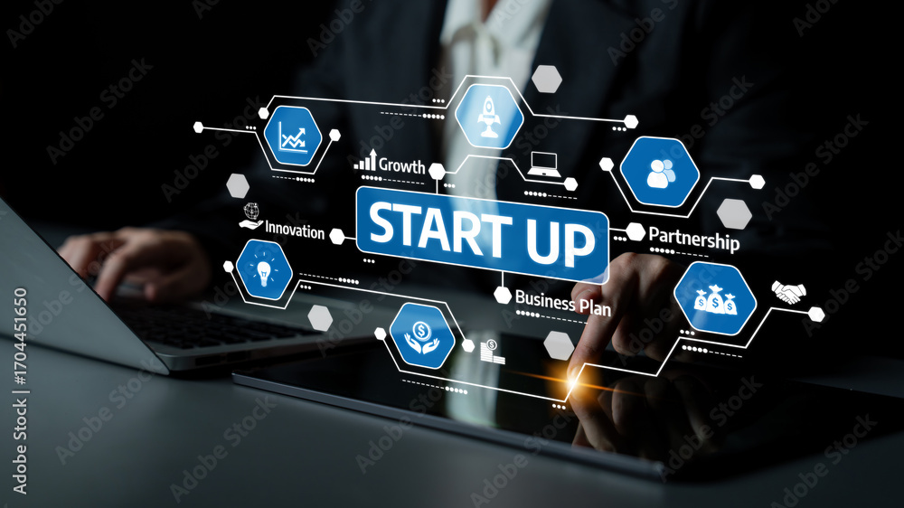 Poster a business professional engages with a digital interface showcasing various startup elements includi