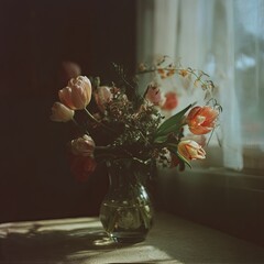 Sunlit bouquet of tulips and other flowers in a clear glass vase sits on a table near a sheer window curtain, cast in soft, moody light