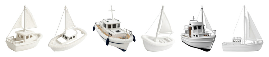 Fototapeta premium White model boat set including sailboats, fishing vessels, and yacht designs isolated. Decorative nautical themed collection.