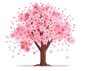 Obraz premium A full-bloom pink cherry blossom tree, petals gently falling, set against a white background. The tree's trunk is brown, and the blossoms are densely packed