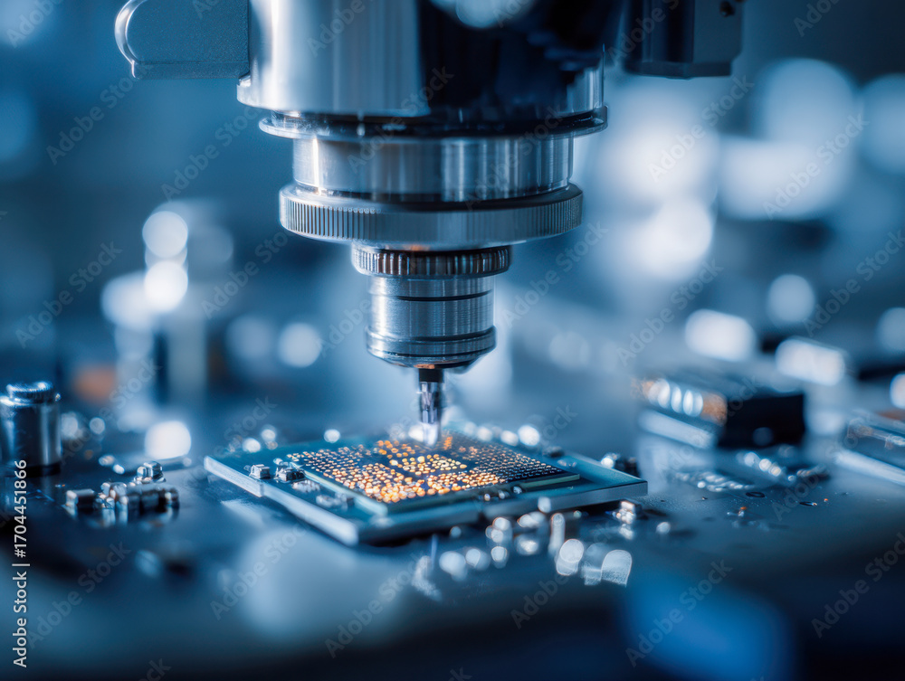 Poster precision manufacturing of microchips using advanced robotic equipment in a high-tech semiconductor 