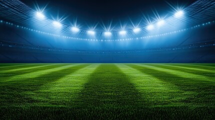 Empty illuminated stadium field at night