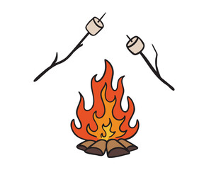 Camp marshmallow smore, Roast marshmallows over a campfire icon doodle hand drawn. colorful cartoon line drawing clipart symbol