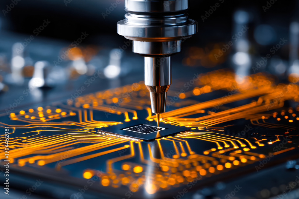 Poster Microchip manufacturing process with precision robotic arm and glowing circuit board