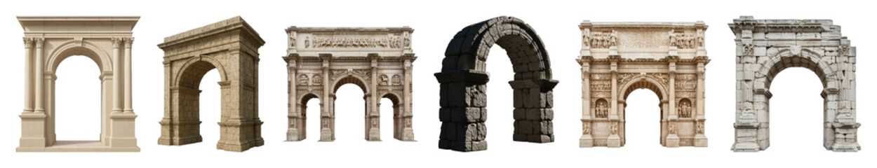 Obraz premium Architectural arches set including classical, Roman, weathered, and ornate stone structures isolated. Historical design elements and landmarks.