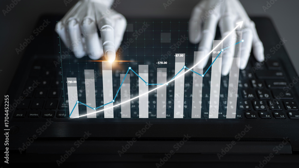 Poster a robotic hand interacts with a digital financial graph on a laptop, symbolizing advancements in tec
