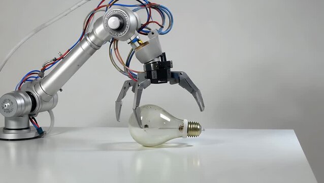 automated mechanical arm performs the precise task of grasping and lifting glowing electric light bulb