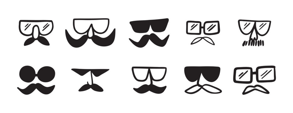 glasses and mustache male funny comic icon doodle hand drawn icon set. Outline drawing line clipart symbol collection