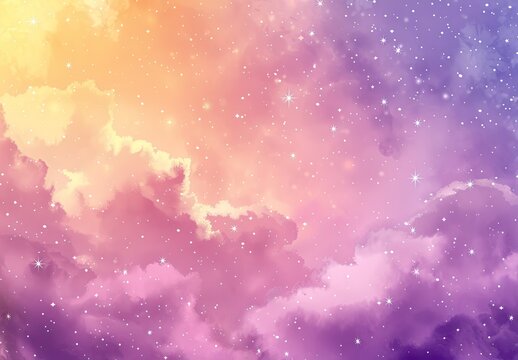 Dreamy pastel nebula with soft clouds and scattered stars, blending warm yellow and cool purple hues