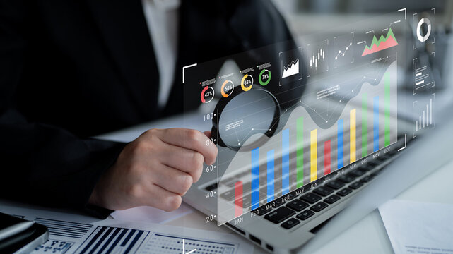 A business data analysis and performance monitoring dashboard. A collection of charts and graphs for strategic review and company evaluation. Motif