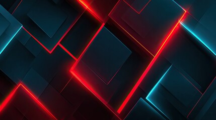 Abstract dark background with overlapping squares and vibrant red and blue glowing lines.  The squares vary in depth and create a dynamic, layered effect