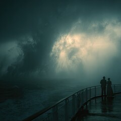 A couple silhouetted against a dramatic, stormy seascape, viewed from the deck of a ship, with ominous clouds and a ray of light breaking through