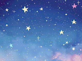 A dreamy nightscape featuring a blue, watercolor-style sky dotted with numerous stars of varying sizes and colors, creating a celestial, whimsical atmosphere