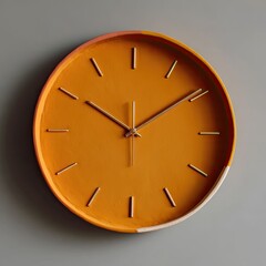 A round, orange analog clock with gold hands and markers hangs against a gray wall.  The clock face is a solid color with subtle color variations near the edge