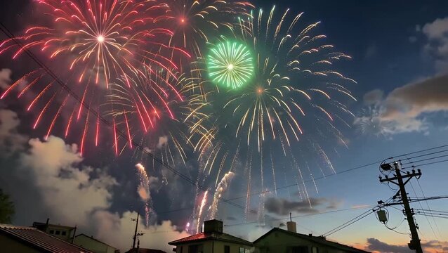 Spectacular Night Sky Illuminated by Brilliant Multicolored Fireworks Display from Low Perspective