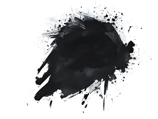 An abstract black ink blot, irregularly shaped with splatters and streaks on a white background, suggesting a dynamic and expressive artistic style