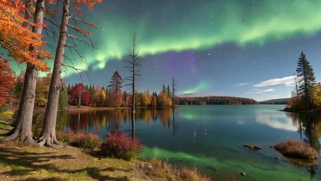 spectacular natural phenomenon of shimmering colored lights observed above wooded autumnal body of water in remote natural area