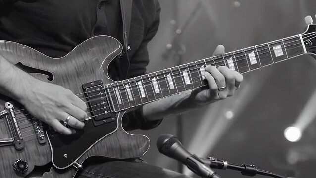 Detailed View of Musician's Hands and Stringed Instrument During Performance in Monochrome