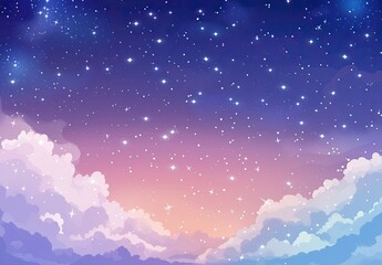 Dreamy nightscape featuring a pastel sunset sky filled with fluffy clouds and a myriad of twinkling stars against a deep purple backdrop