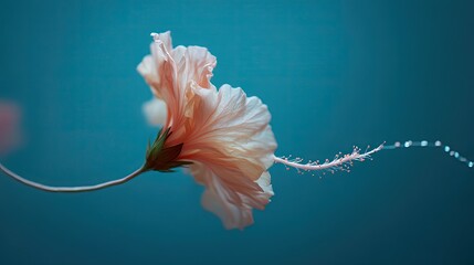 A peach-colored hibiscus flower, elegantly poised against a teal backdrop, its slender stem gracefully curving.  Water droplets trail from its stamen, adding a touch of ethereal beauty