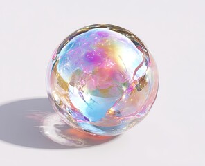 An iridescent sphere, resembling a planet, rests on a light surface, casting a soft shadow.  Its translucent shell displays swirling pastel colors