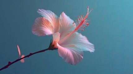 A single, pale pink hibiscus flower, elegantly posed against a teal backdrop, is captured with striking detail, showcasing its delicate petals and vibrant stamen