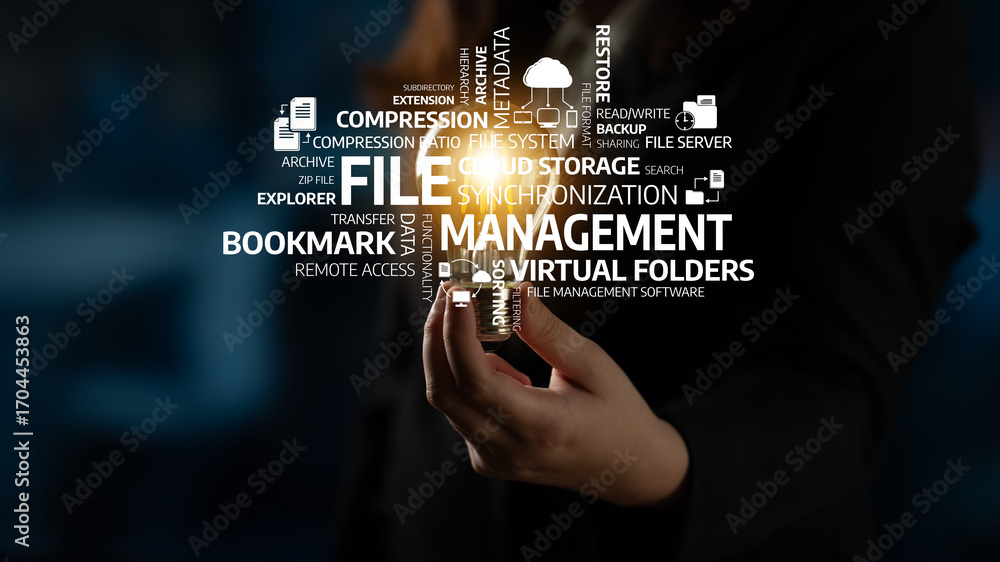 Poster this image illustrates the concept of file management, featuring elements like storage, compression,
